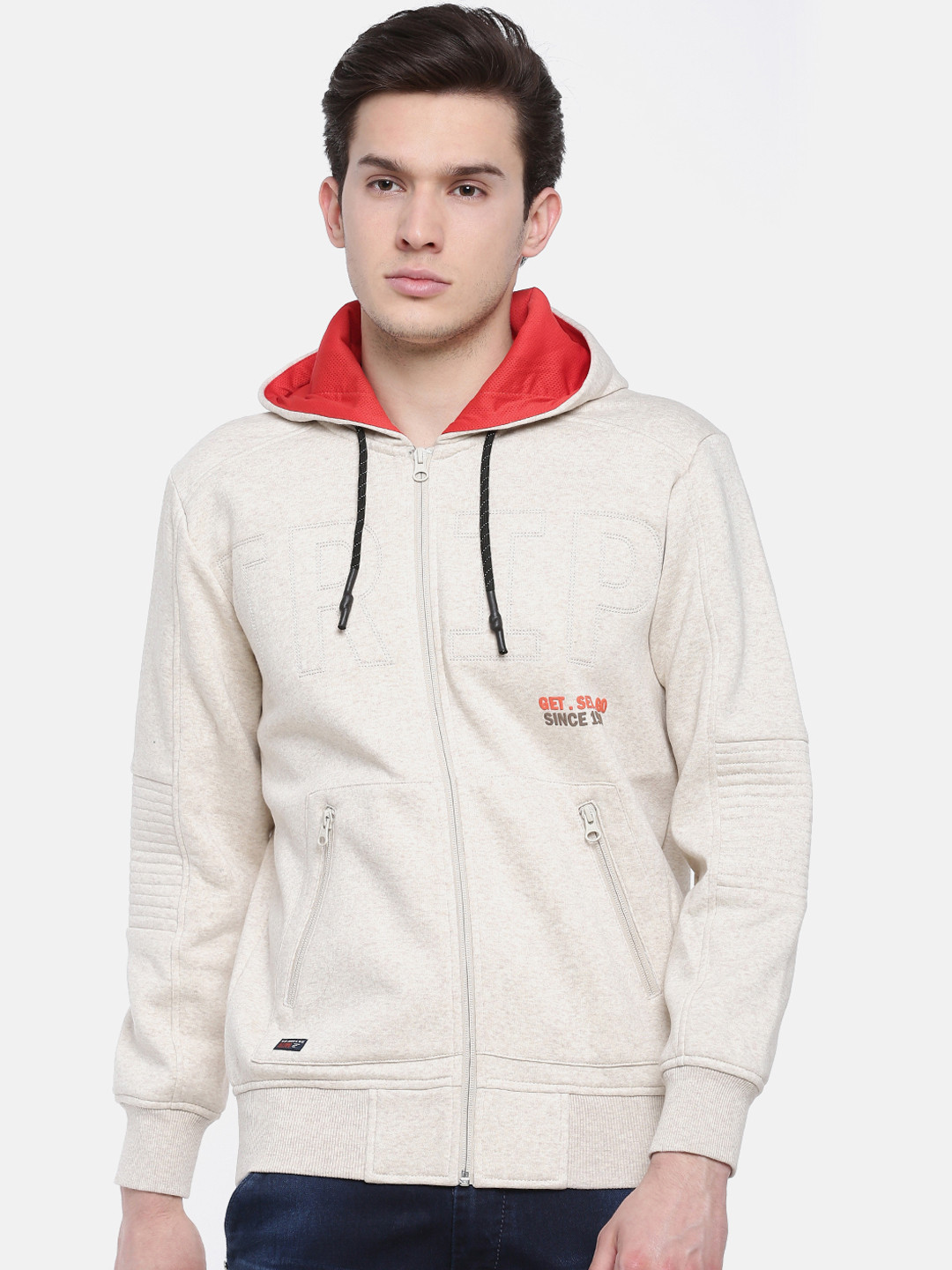 t-base Men Cream-Coloured Printed Hooded Sweatshirt