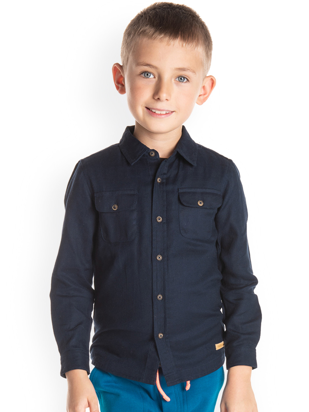 Cherry Crumble Boys Navy Blue Classic Regular Fit Solid Casual Shirt