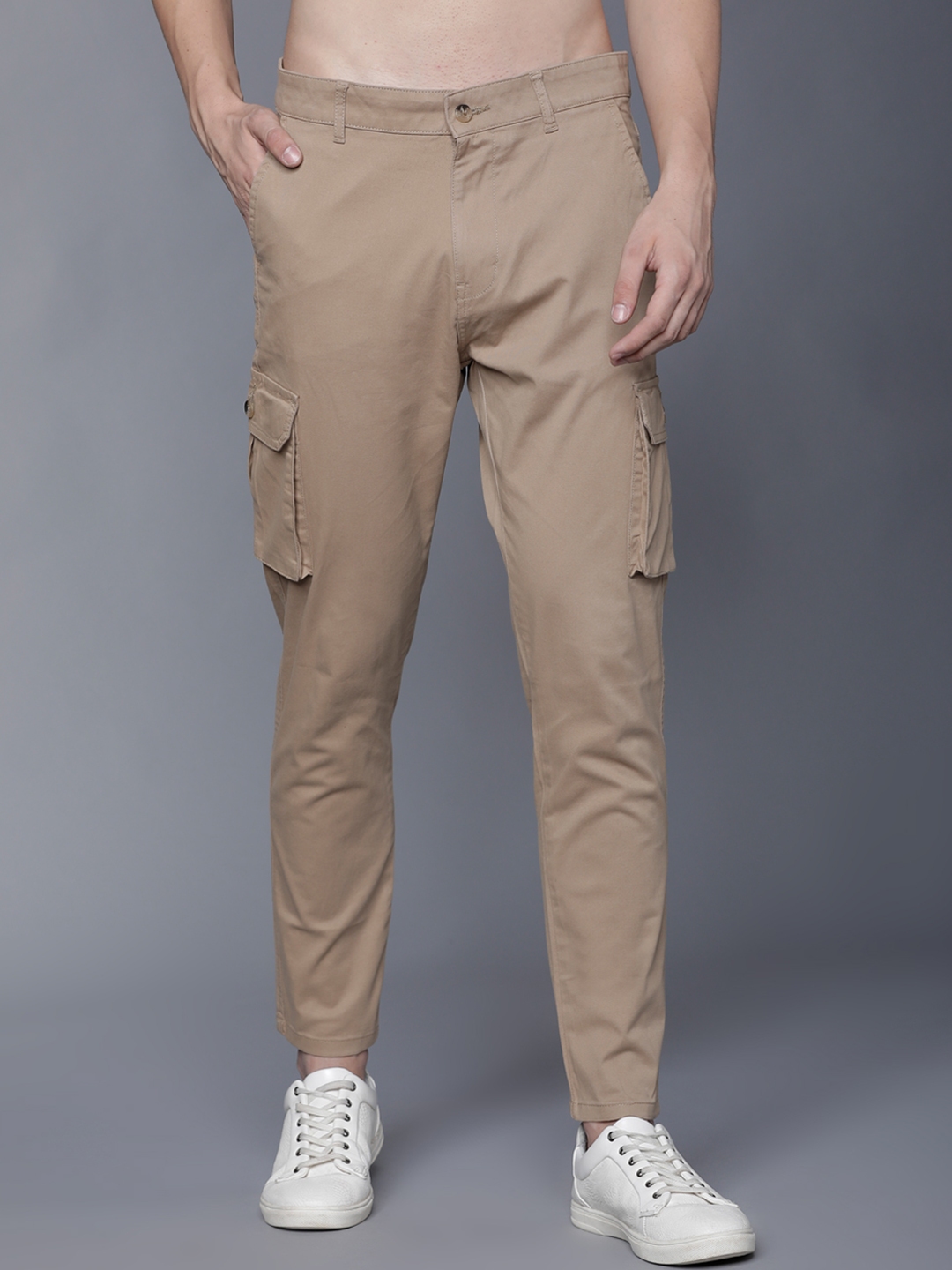 Buy HIGHLANDER Men Beige Slim Fit Solid Cargos - Trousers for Men 8098453