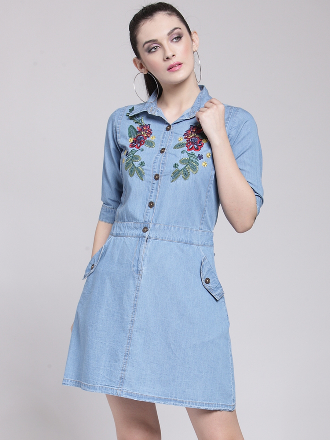 plusS Women Blue Embroidered Denim Shirt Dress