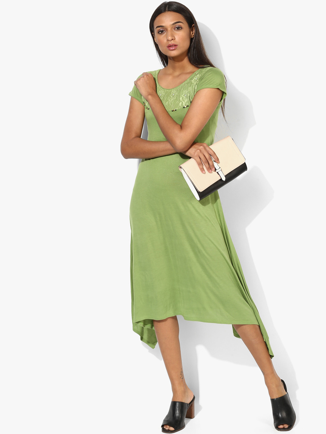 Green Coloured Embellished Asymmetric Dress