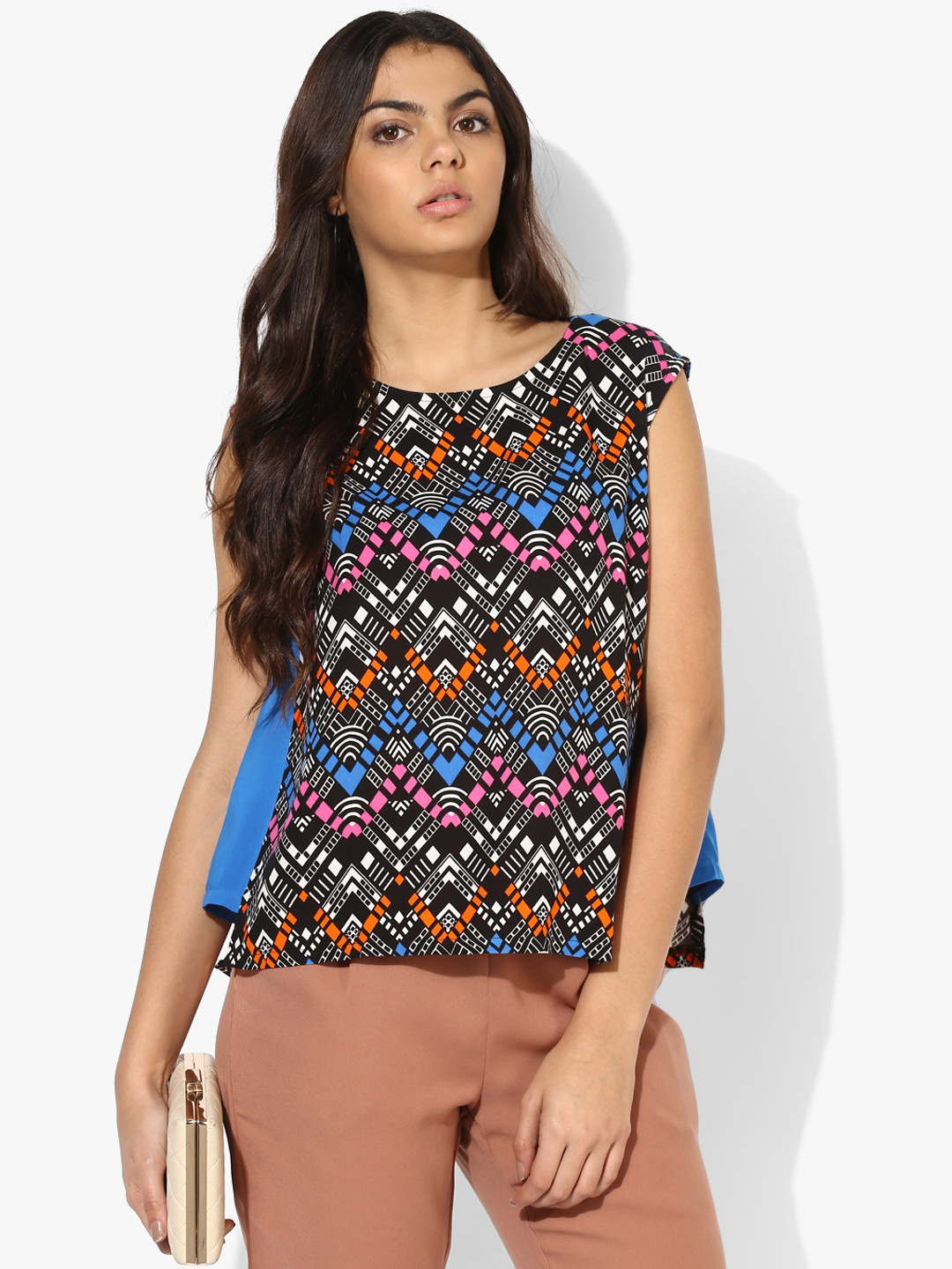 AKKRITI BY PANTALOONS Women Black & Navy Blue Geometric Print Regular Top