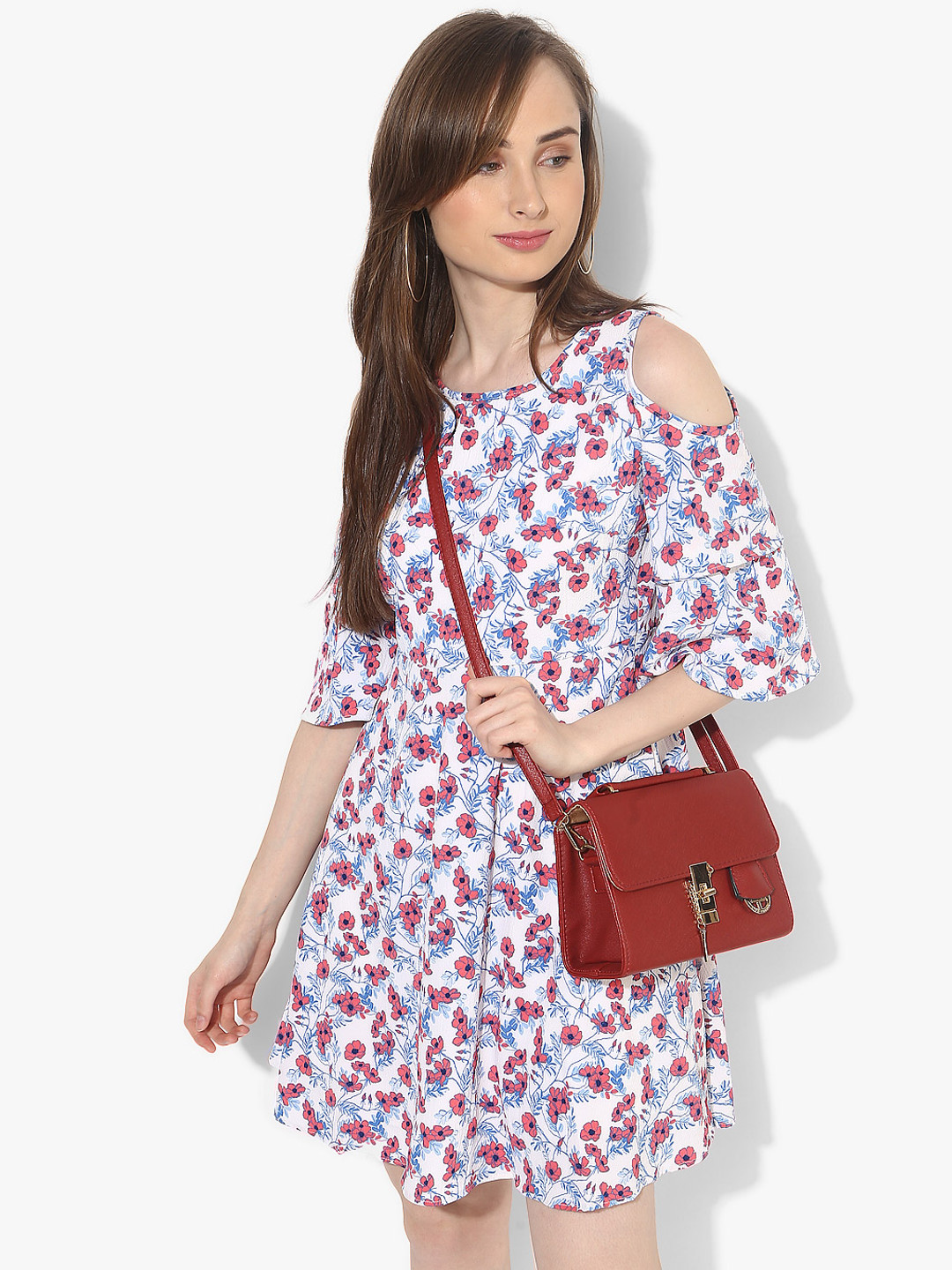 Honey by Pantaloons White & Blue Floral Printed Cold-Shoulder A-Line Dress