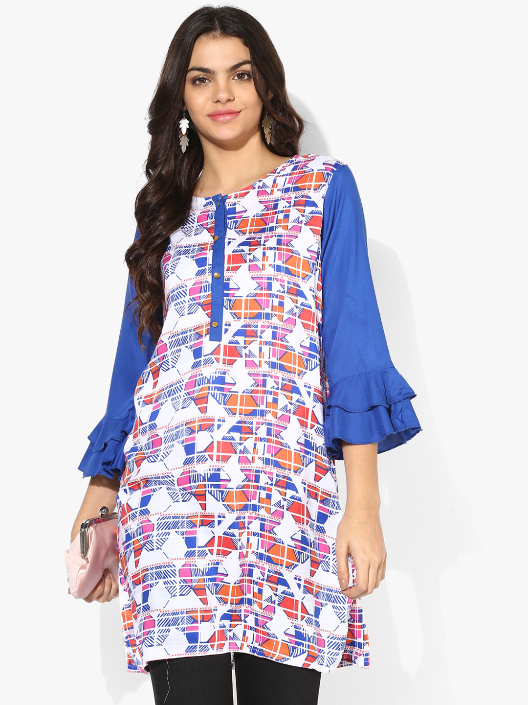 AKKRITI BY PANTALOONS Women White & Navy Blue Geometric Printed Bell Sleeves Kurta