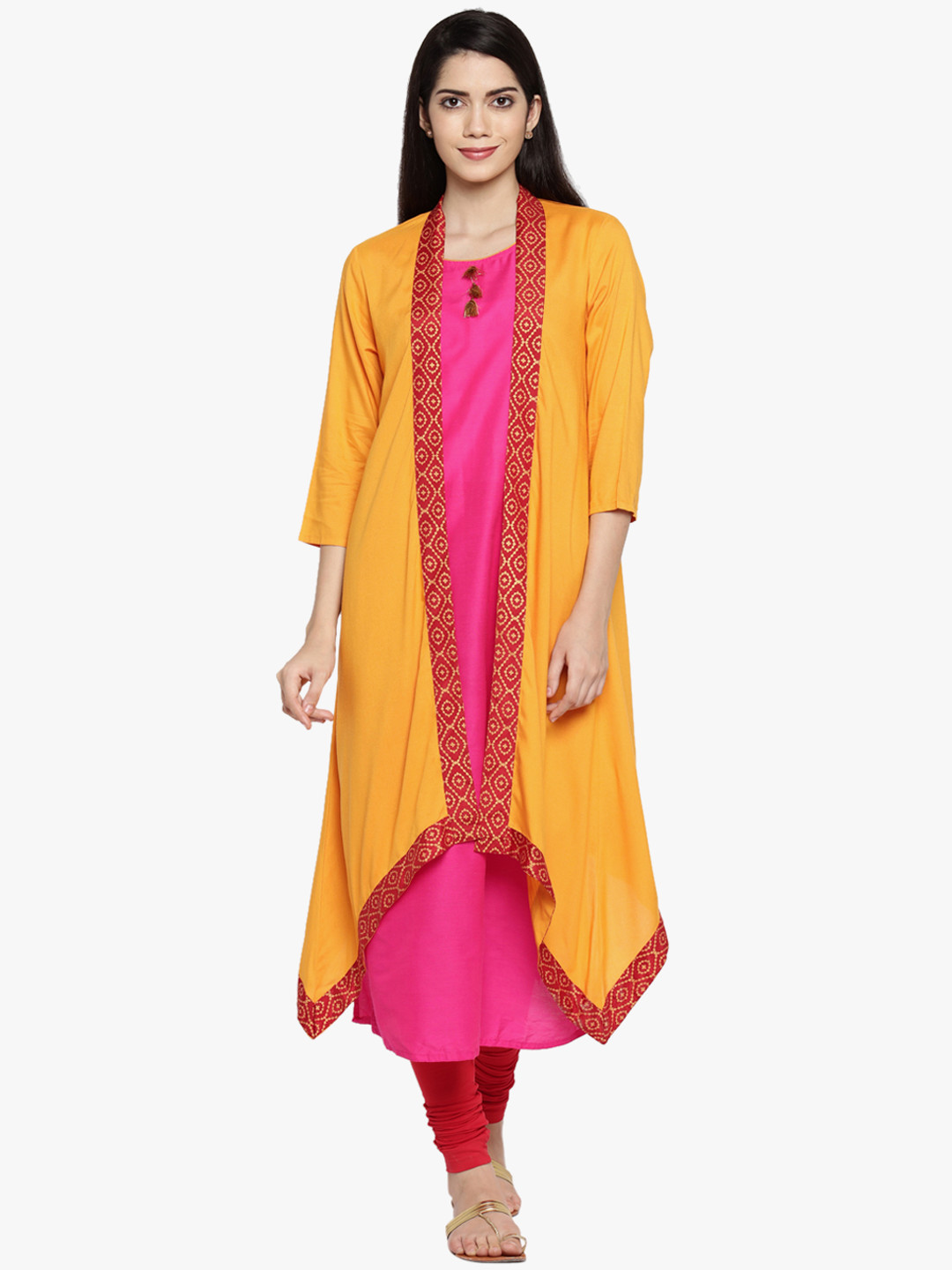 RANGMANCH BY PANTALOONS Women Yellow & Pink Solid A-Line Kurta with Jacket