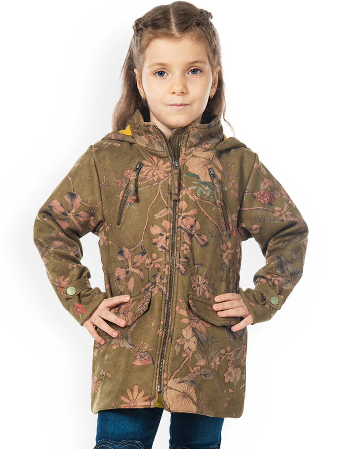 Cherry Crumble Girls Olive Green Floral Printed Hooded Coat