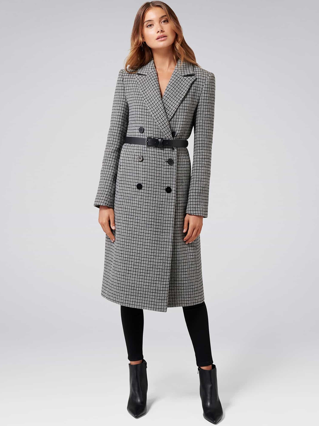 Buy Forever New Women Grey And Black Checked Overcoat Coats for
