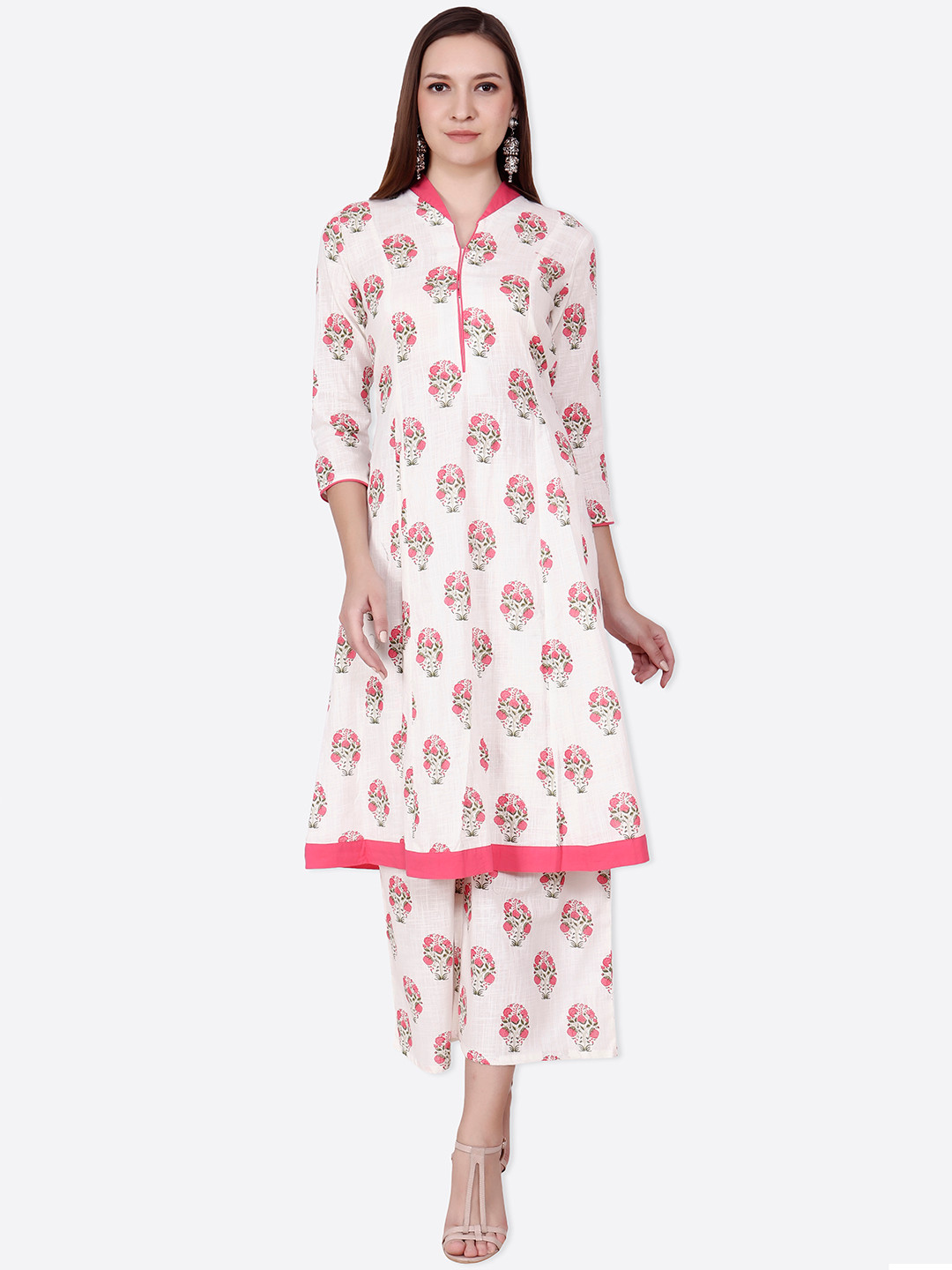SCORPIUS Women Off-White & Red Printed A-Line Kurta