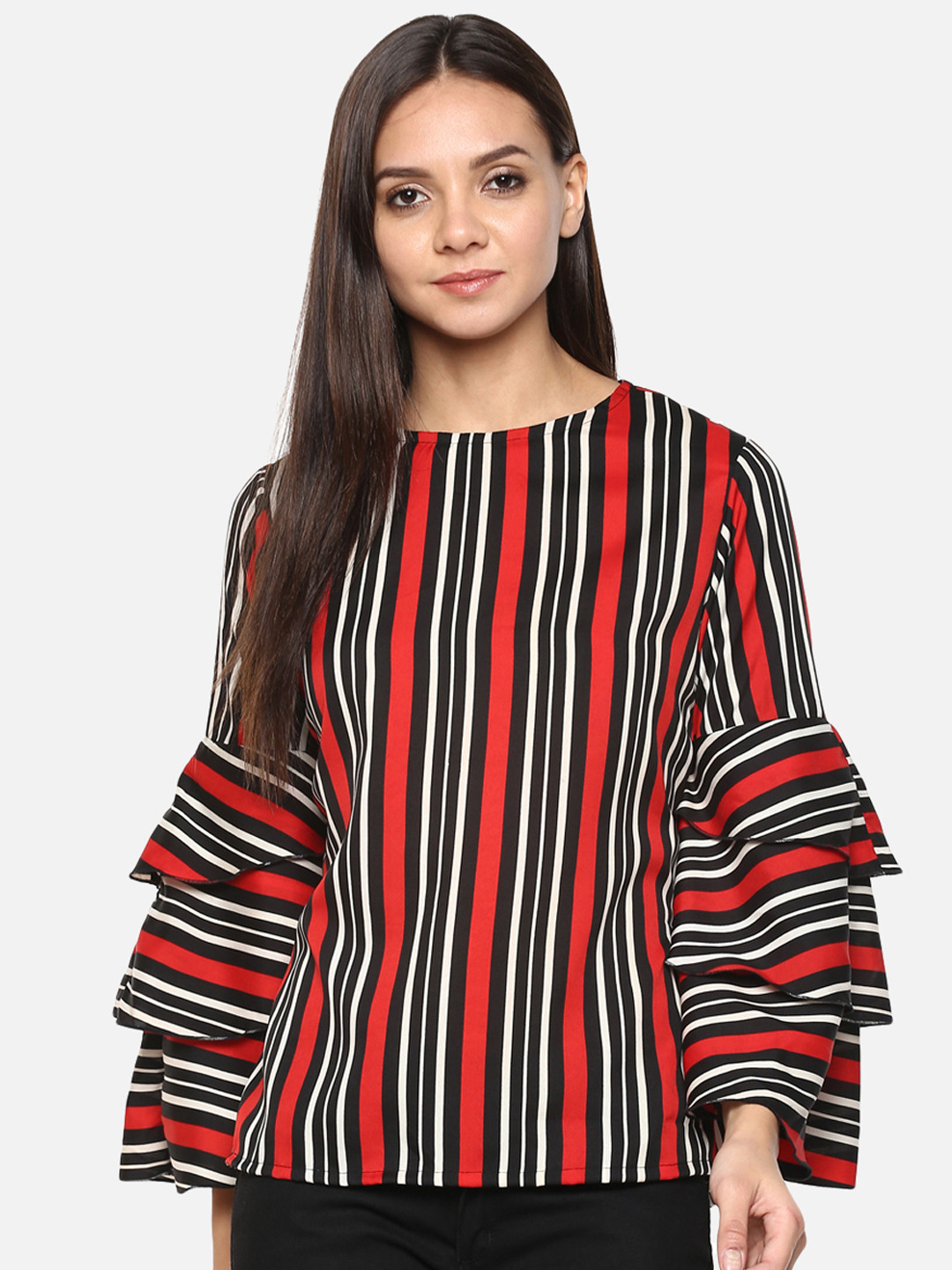 Indietoga Women Stripe Ruffle Bell Sleeve Crepe Top