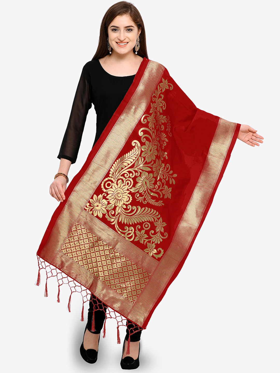 Blissta Red & Gold-Coloured Woven Design Dupatta