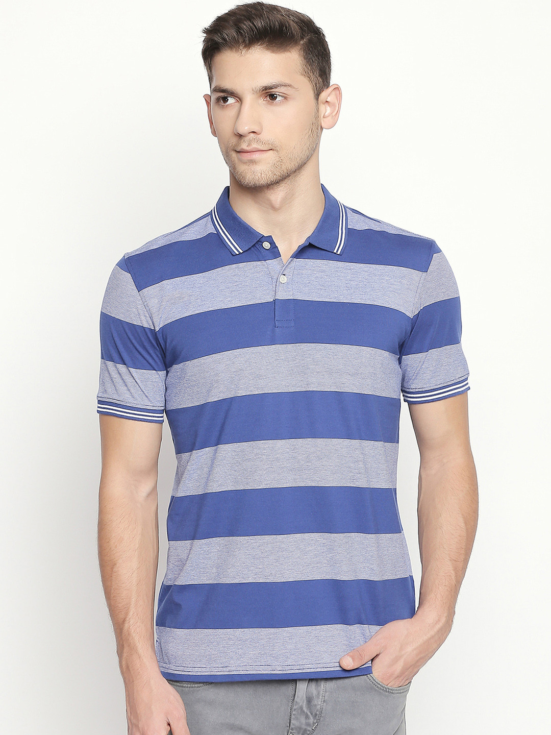 Pantaloons Men Blue Striped Polo Collar 