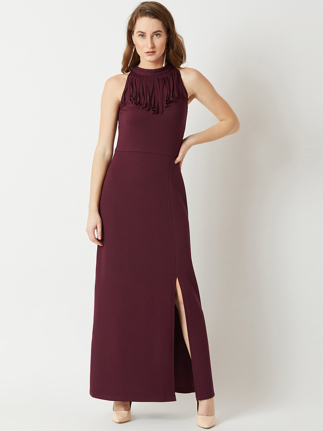 Miss Chase Maroon Fringed Maxi Dress