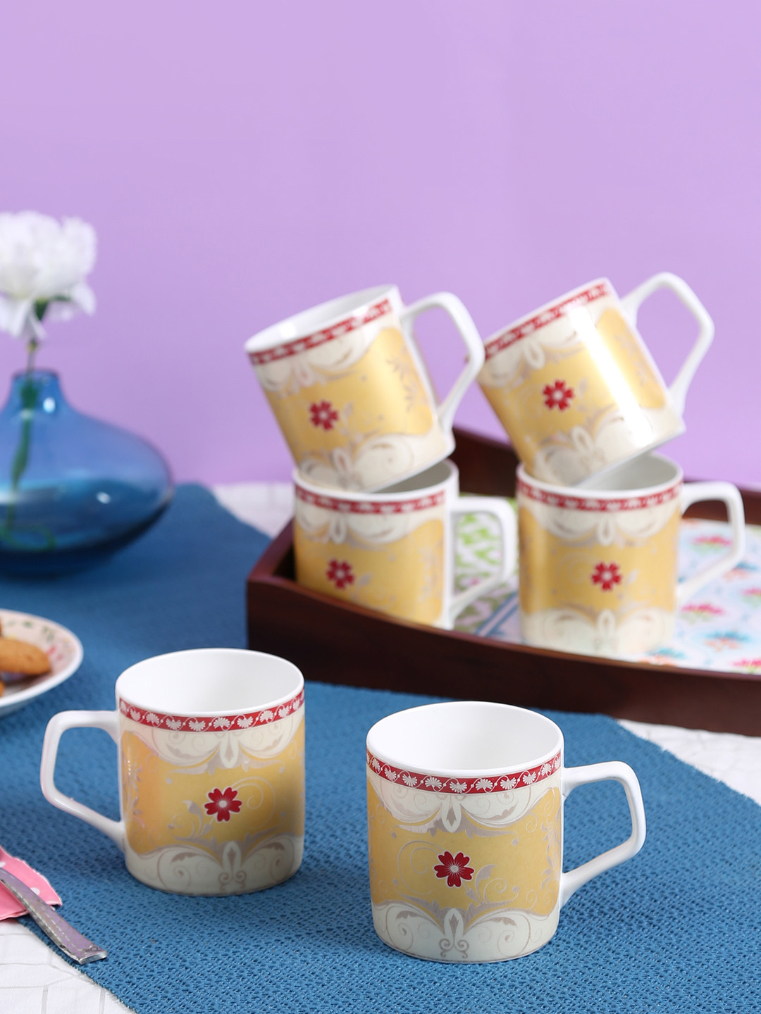 CLAY CRAFT Weekend Quote White Ethnic Motifs Bone China Microwave Safe 6 Piece Cups-150ml