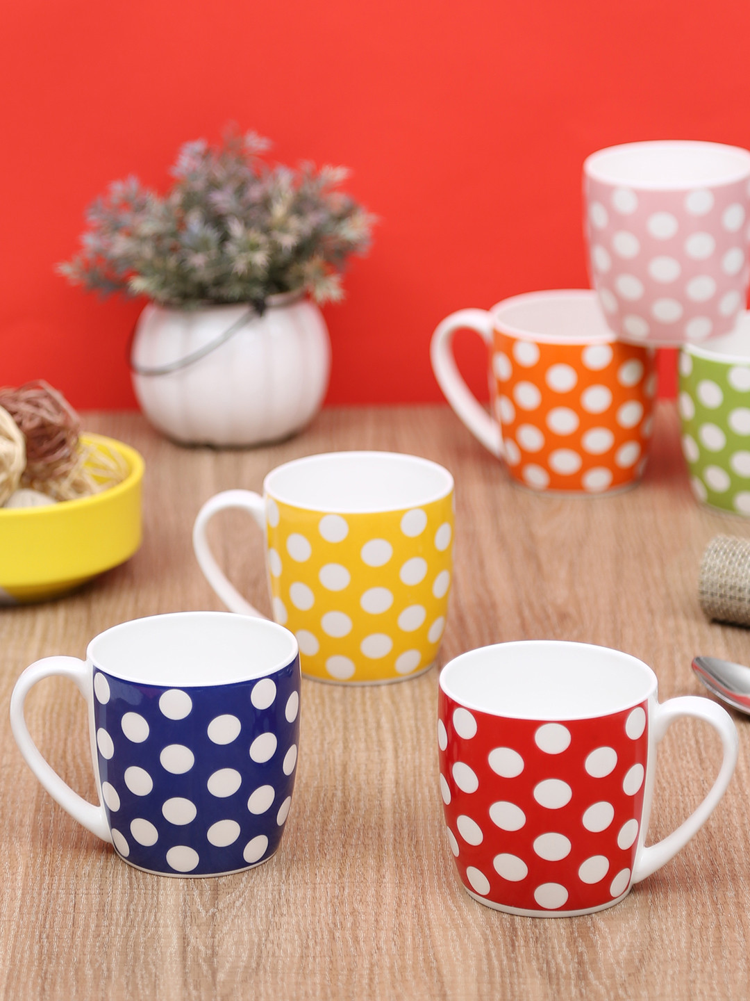 CLAY CRAFT Gujarat Doodle Artwork Multicoloured Polka Dots Bone China Microwave Safe 6 Piece Cups-150ml