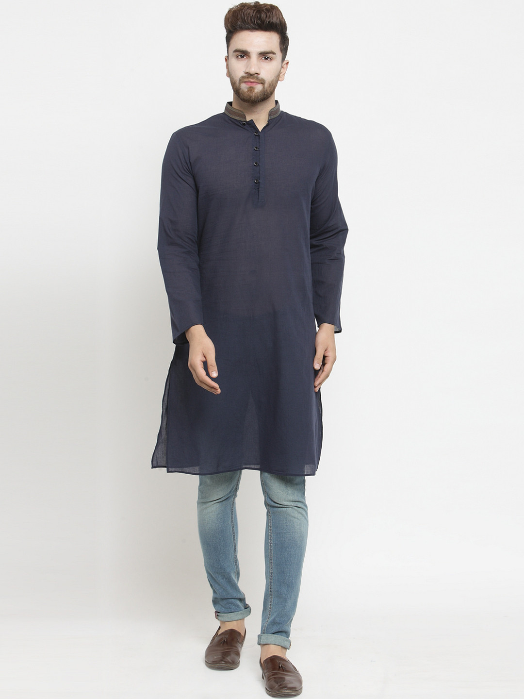 Purple State Men Navy Blue Woven Design Straight Kurta