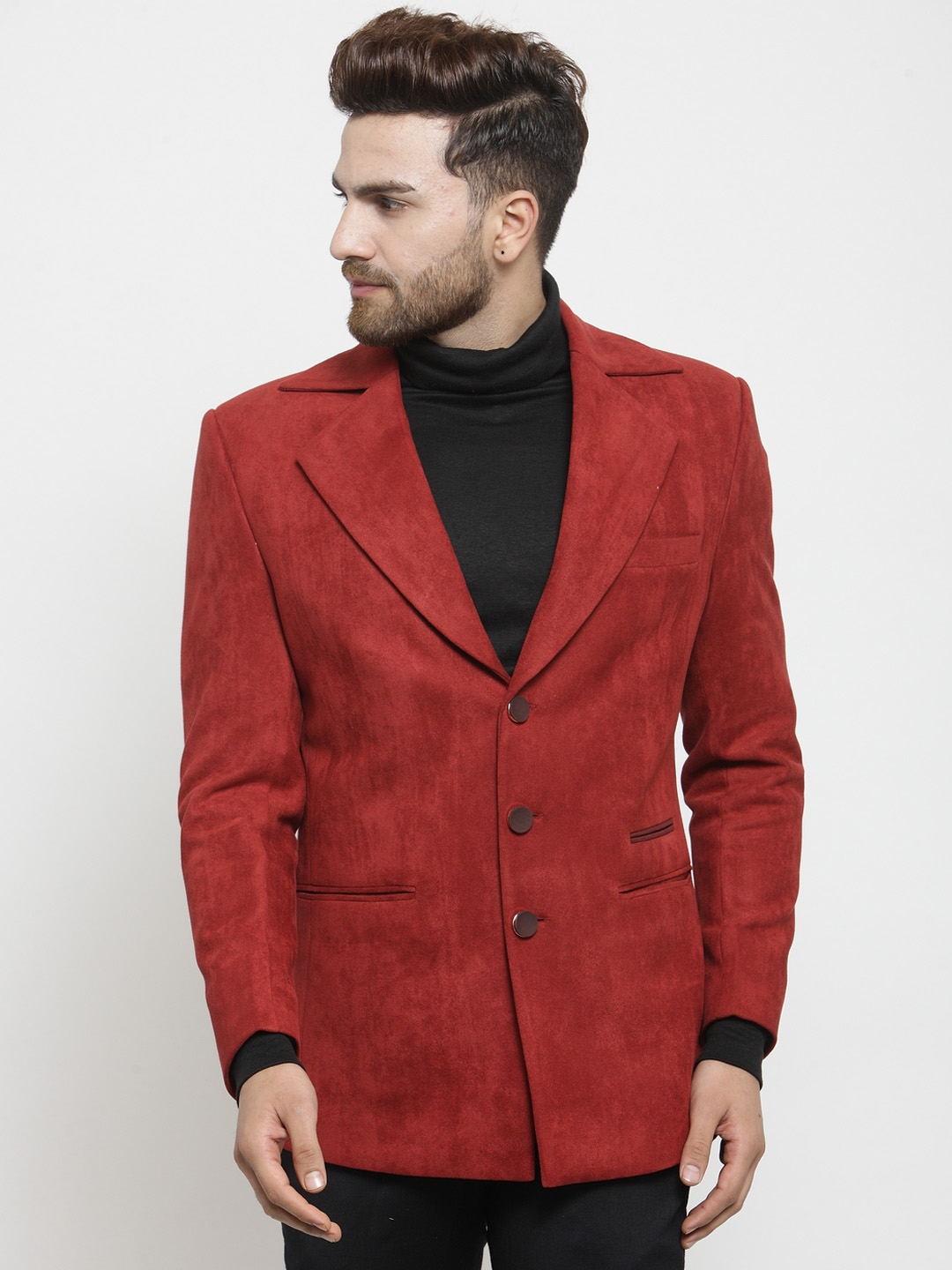 Buy LUXURAZI Men Red Solid Single Breasted Suede Blazer Blazers