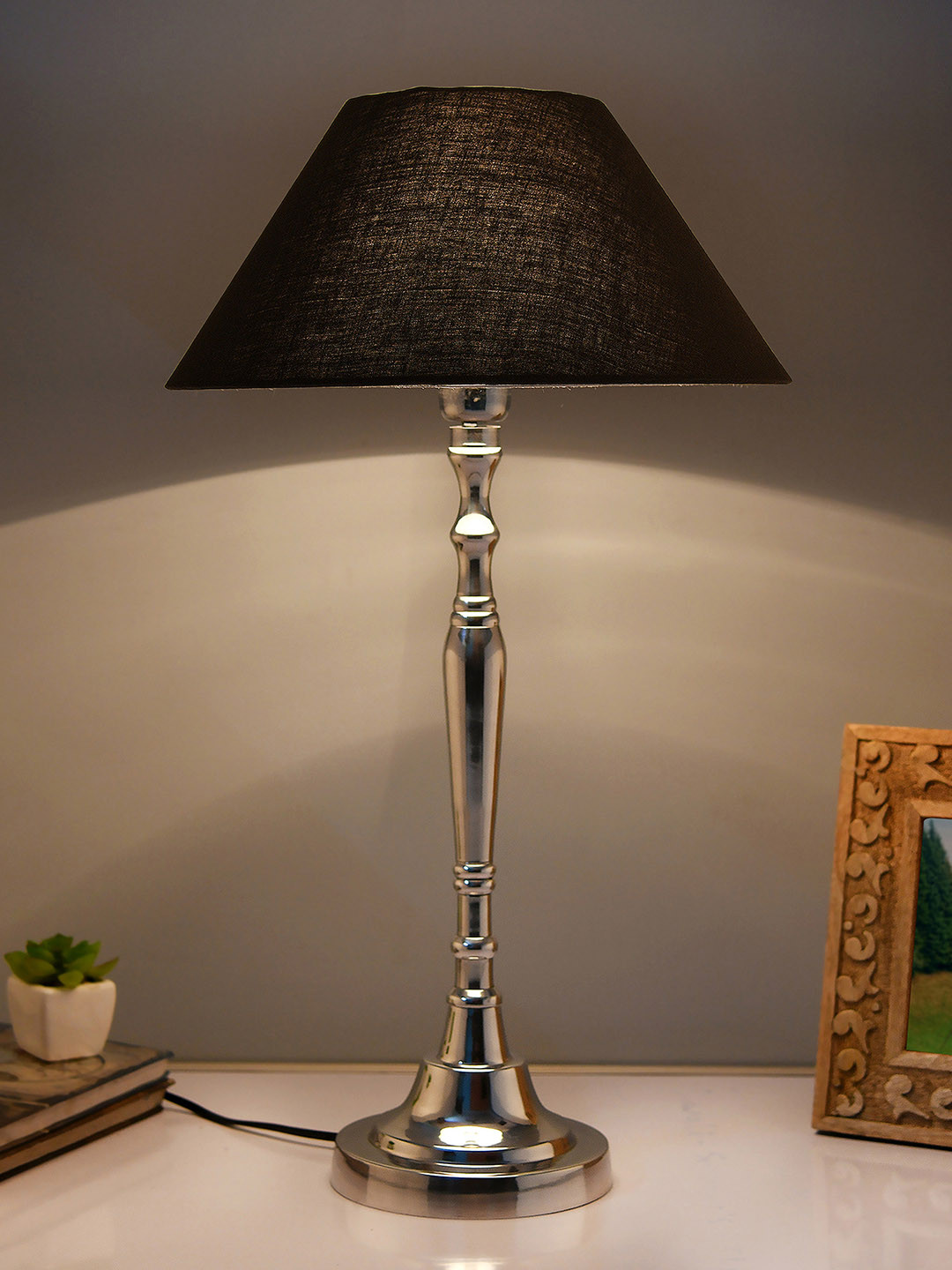 Homesake Silver-Toned & Blue Solid Bedside Standard Table Lamp with Shade