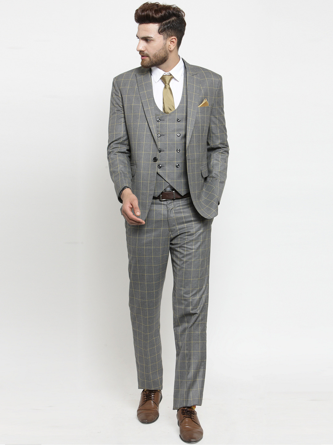 LUXURAZI Men Grey Checked Slim Fit Suit