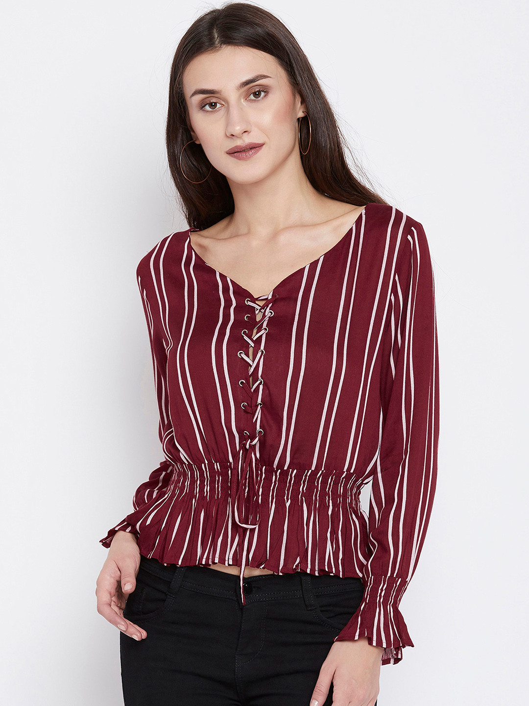 Zastraa Women Burgundy Striped Smocked Cinched Waist Top