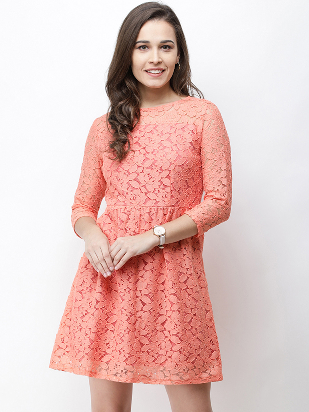 Cation Women Orange Self Design Fit and Flare Dress