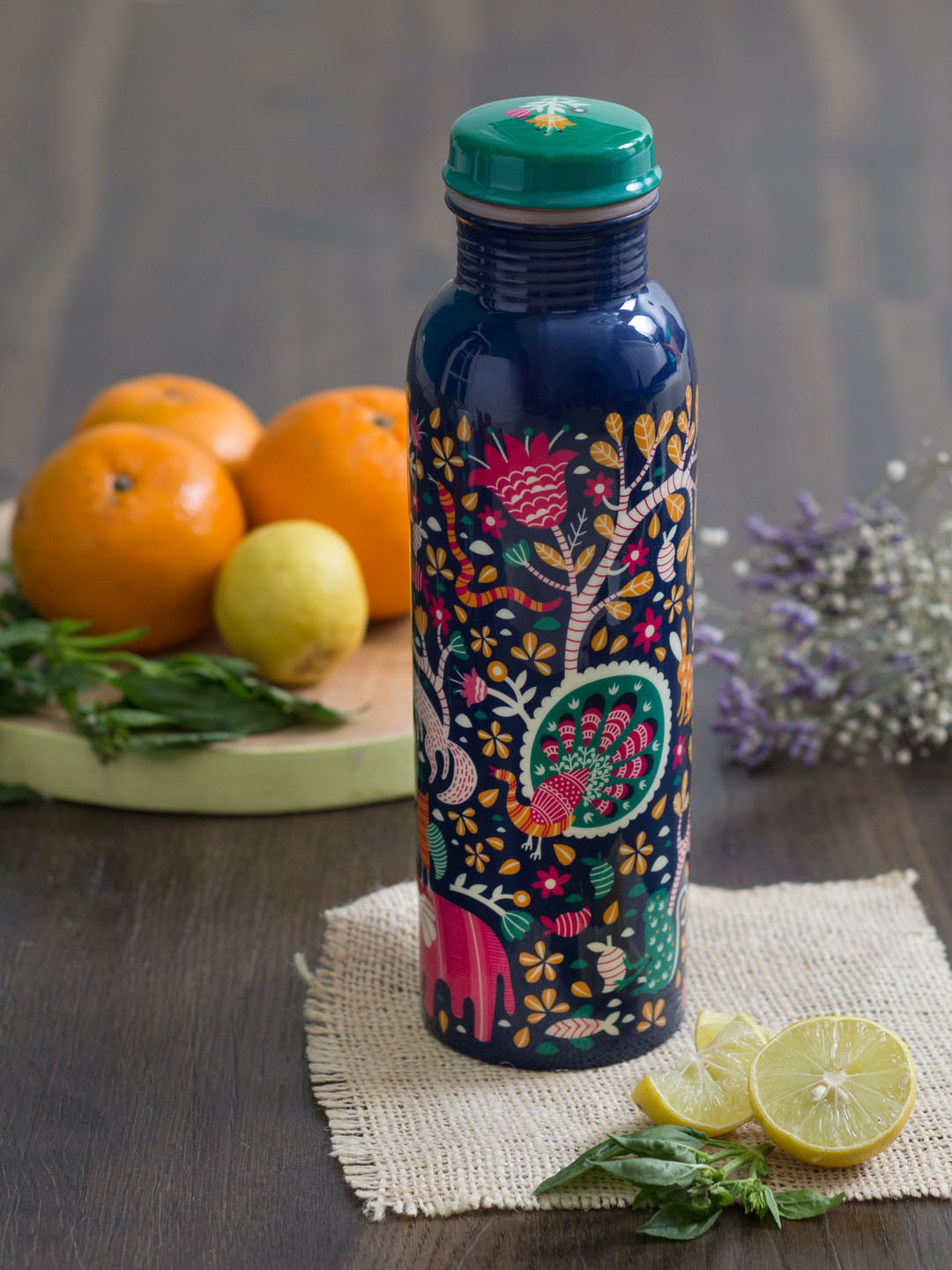 Chumbak Forest Fest Navy Blue Floral Copper Scratch Resistant Water Bottle - 1L