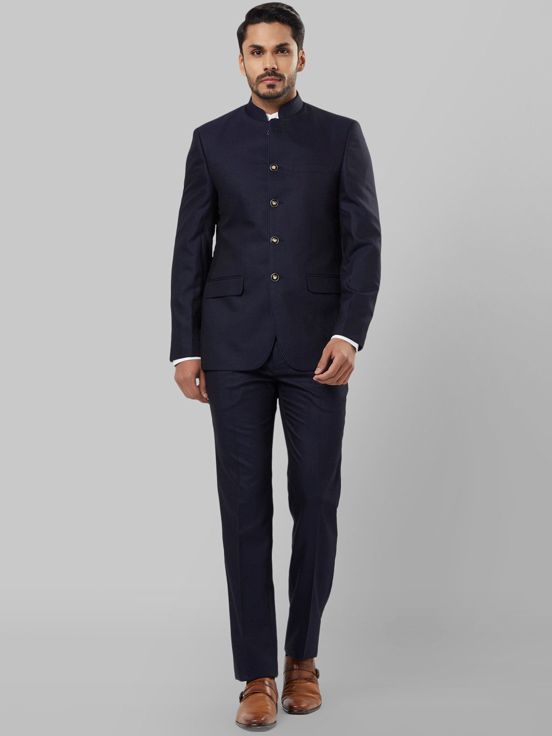 Buy Raymond Men Navy Blue Solid Formal Bandhgala Suit Suits For Men 8396153 Myntra Wedding jodhpuri suit, designer jodhpuri suits, indian groomsmen & groom suits, bandhgala wedding outfit men, traditional wedding attire online.