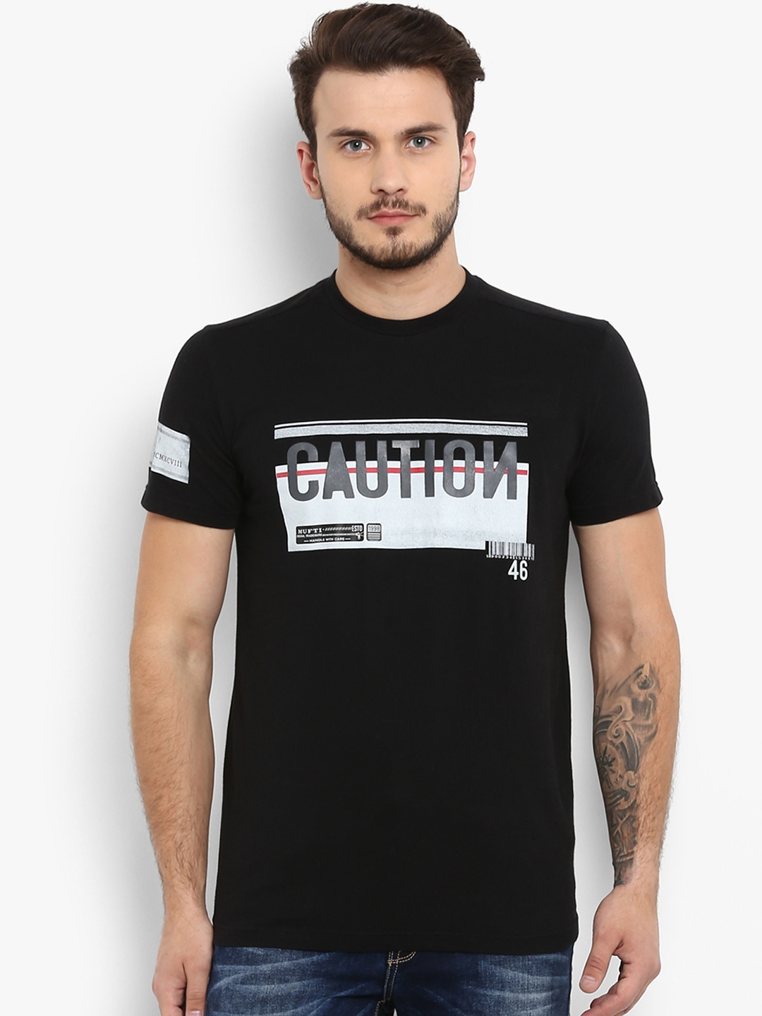 Mufti Men Black Printed Round Neck Pure Cotton T shirt