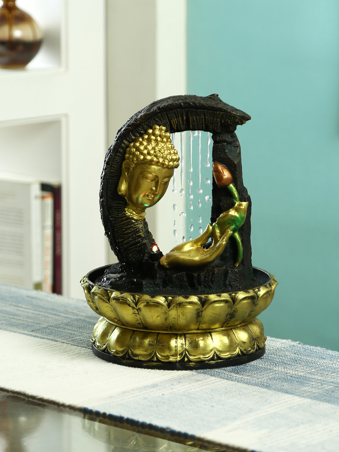 Aapno Rajasthan Gold-Toned Arch Style Hand Sculpted Buddha Indoor Water Fountain with Light