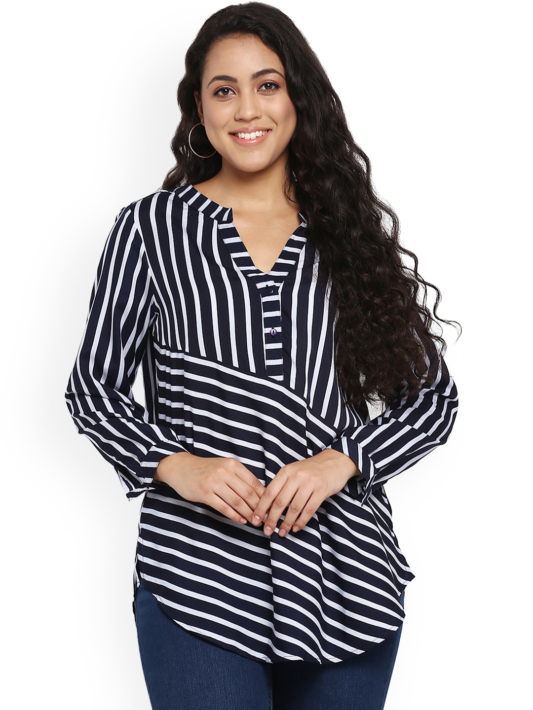 Qurvii Plus Size Women Navy Blue Striped High-Low Top