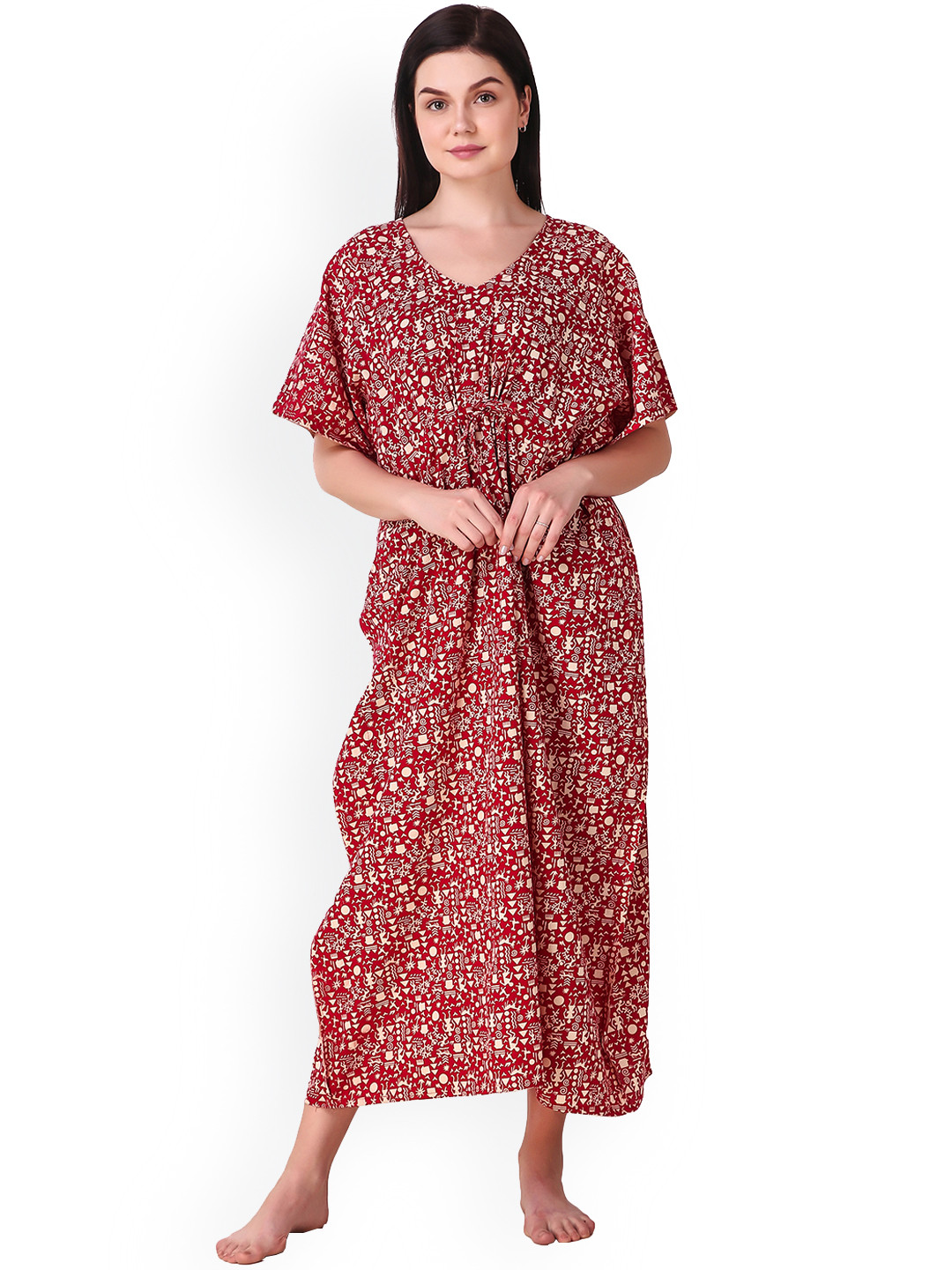 Masha Red & Beige Printed Nightdress KF-A262-1332