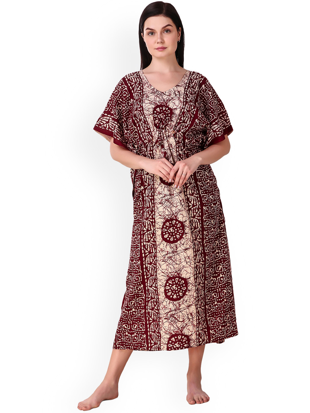 Masha Maroon & Beige Printed Nightdress KF-A258-1321