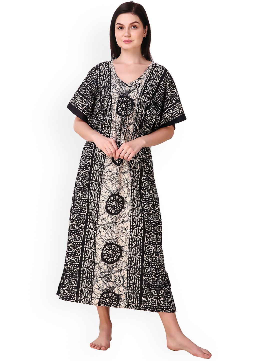 Masha Black & Beige Printed Nightdress KF-A258-1322