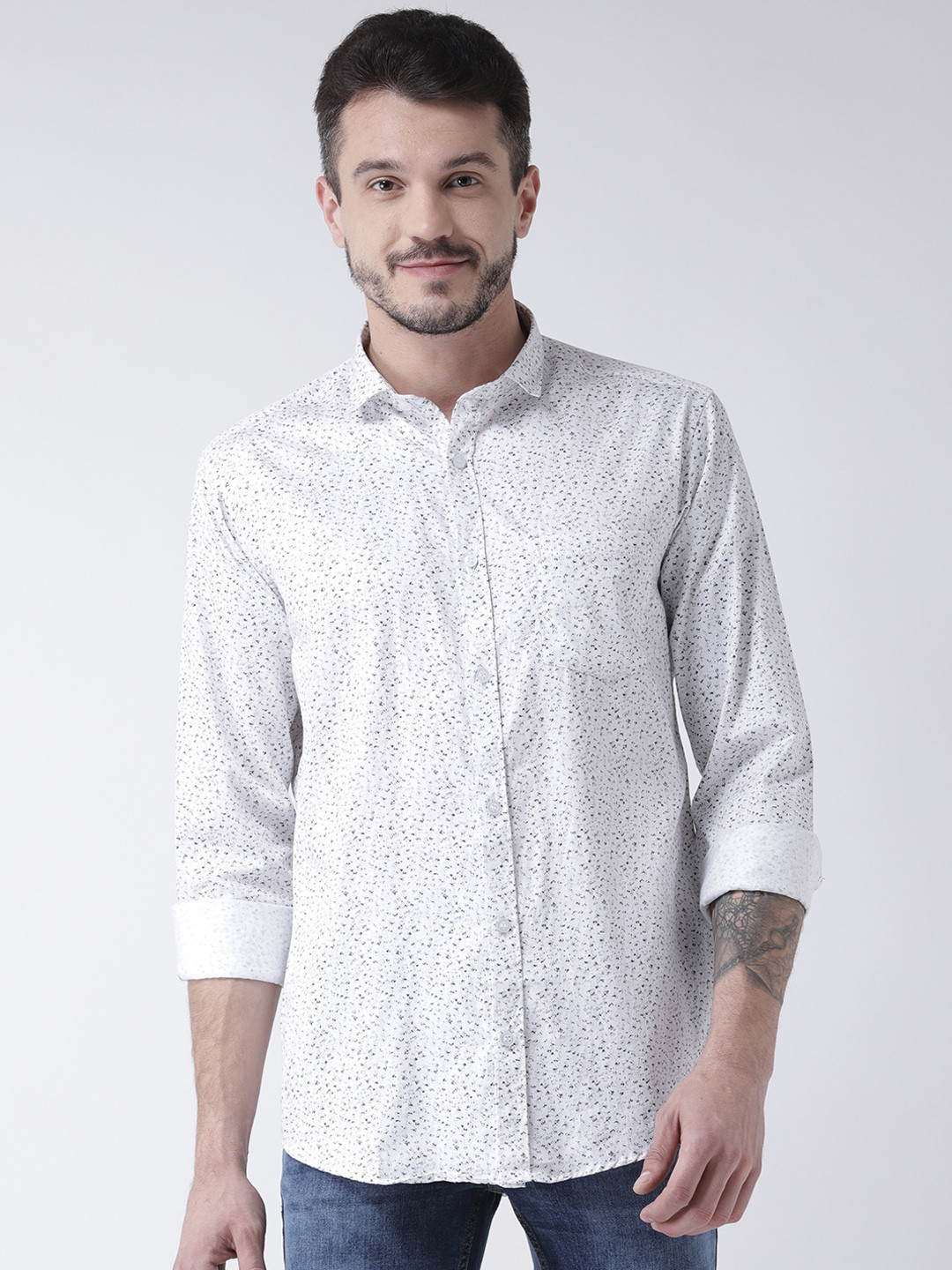 Routeen Men White Modern Slim Fit Printed Casual Shirt