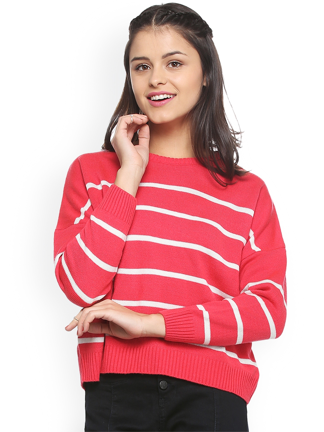 Womens red and clearance white striped sweater