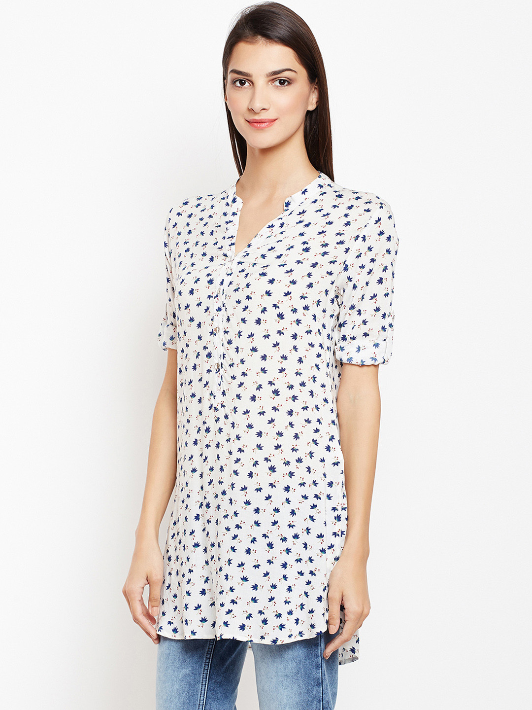 Crimsoune Club White & Blue Printed Tunic