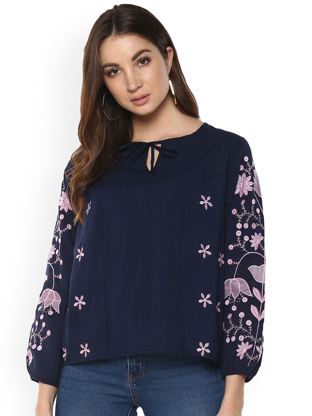 Mayra Women Navy Blue Embroidered A-Line Top