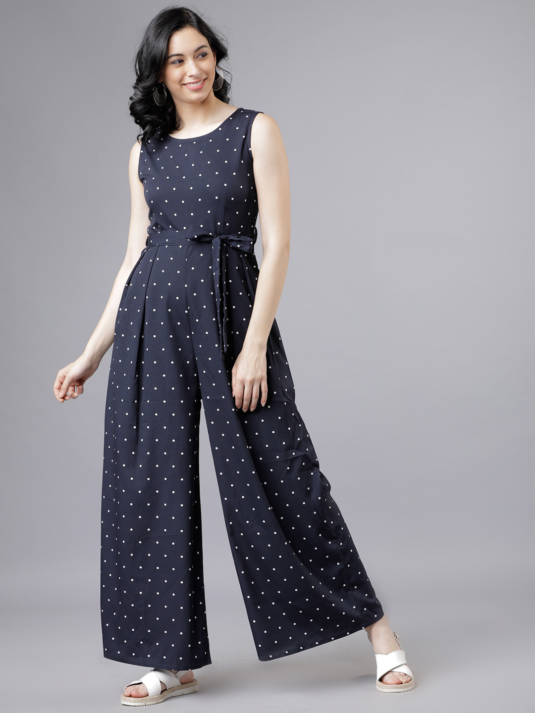 Tokyo Talkies Women Navy Blue & White Printed Basic Jumpsuit