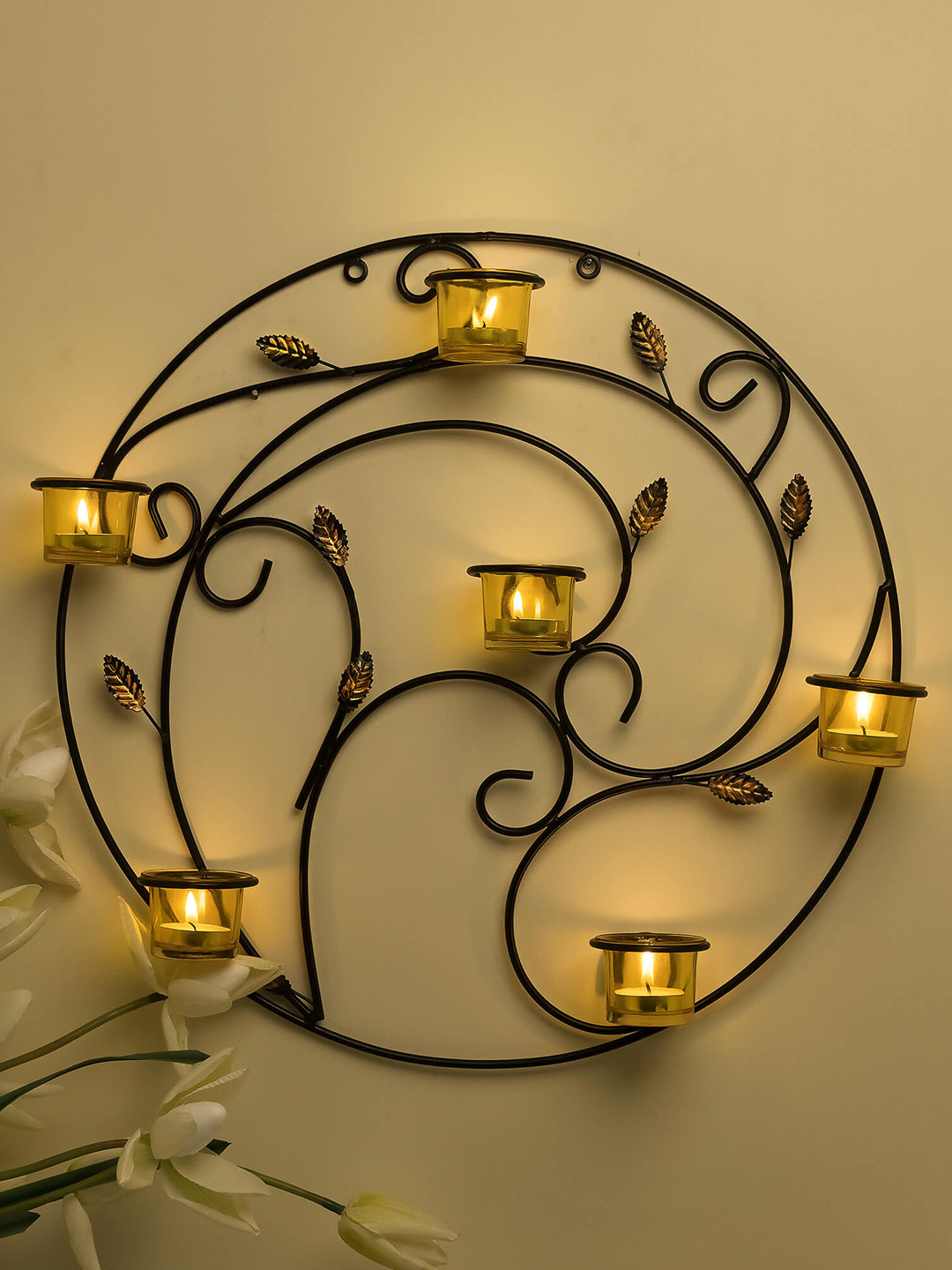 Homesake Yellow Round Leafy Touch Wall Tealight Holder with 6 Cups