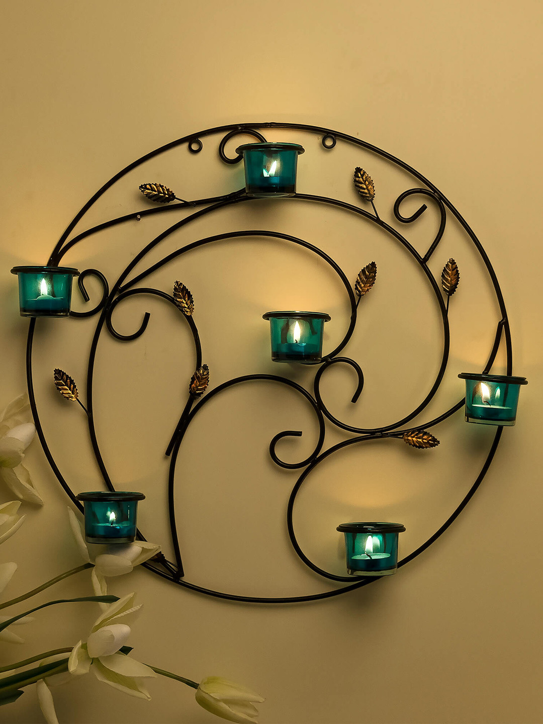 Homesake Turquoise Blue Round Leafy Touch Wall Tealight Holder with 6 Cups