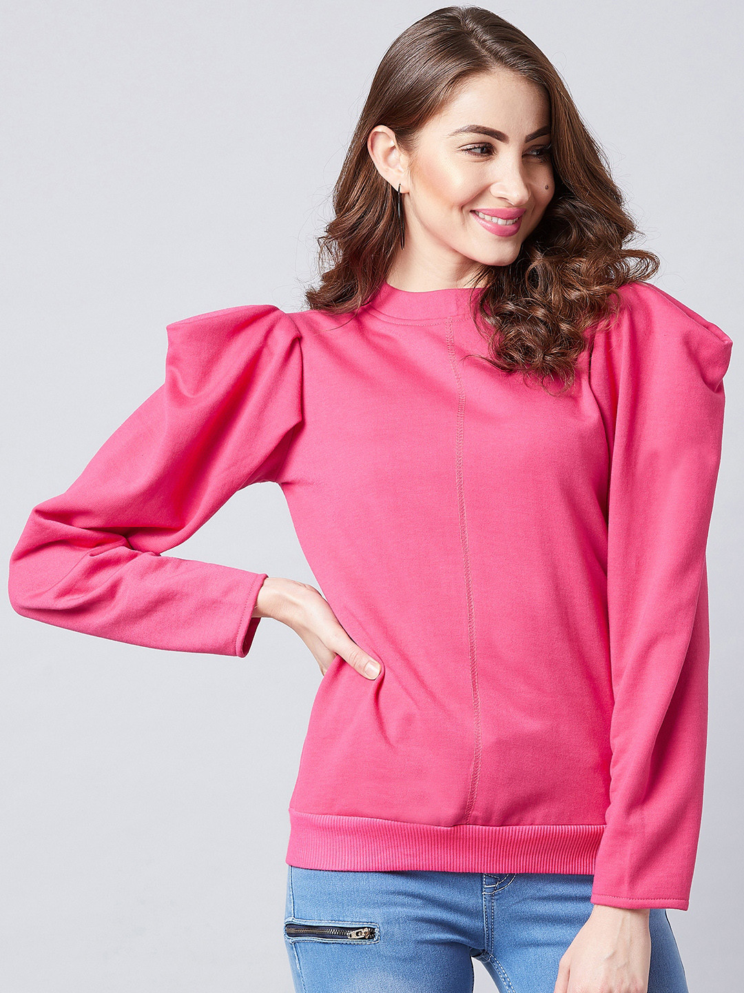 Athena Women Pink Solid Puff Sleeve Sweatshirt