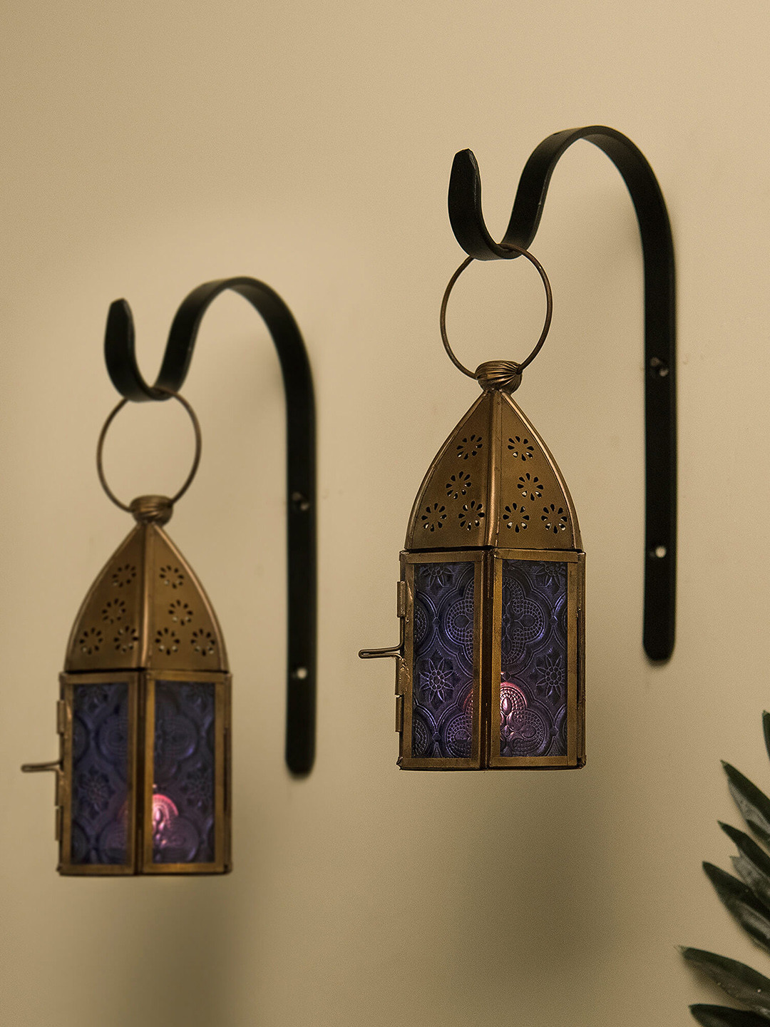 Homesake Set of 2 Blue Antique Brass Finish Moroccan Lantern Candle Holder With Wall Hook