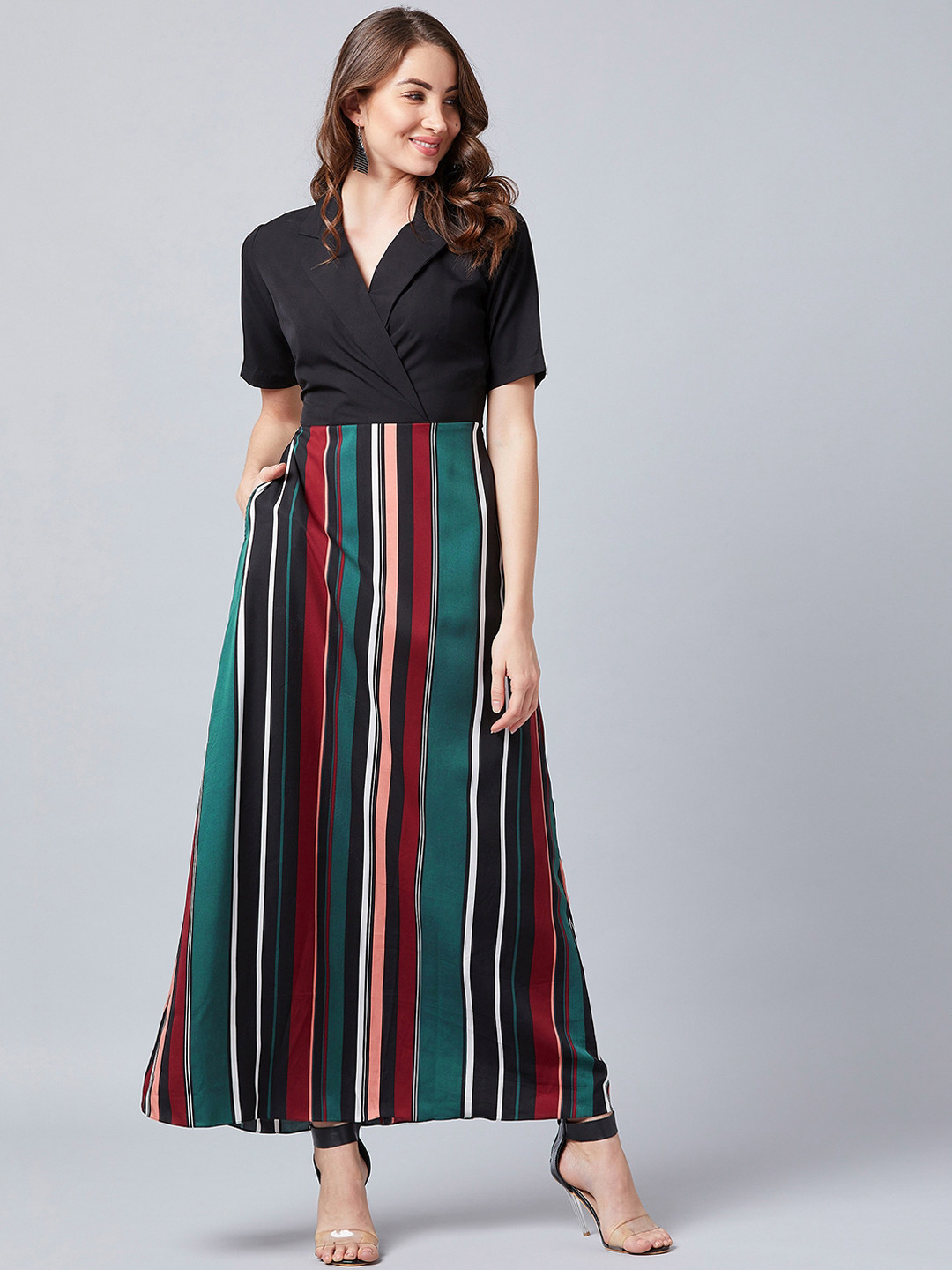 Athena Women Striped Black Wrap Maxi Dress