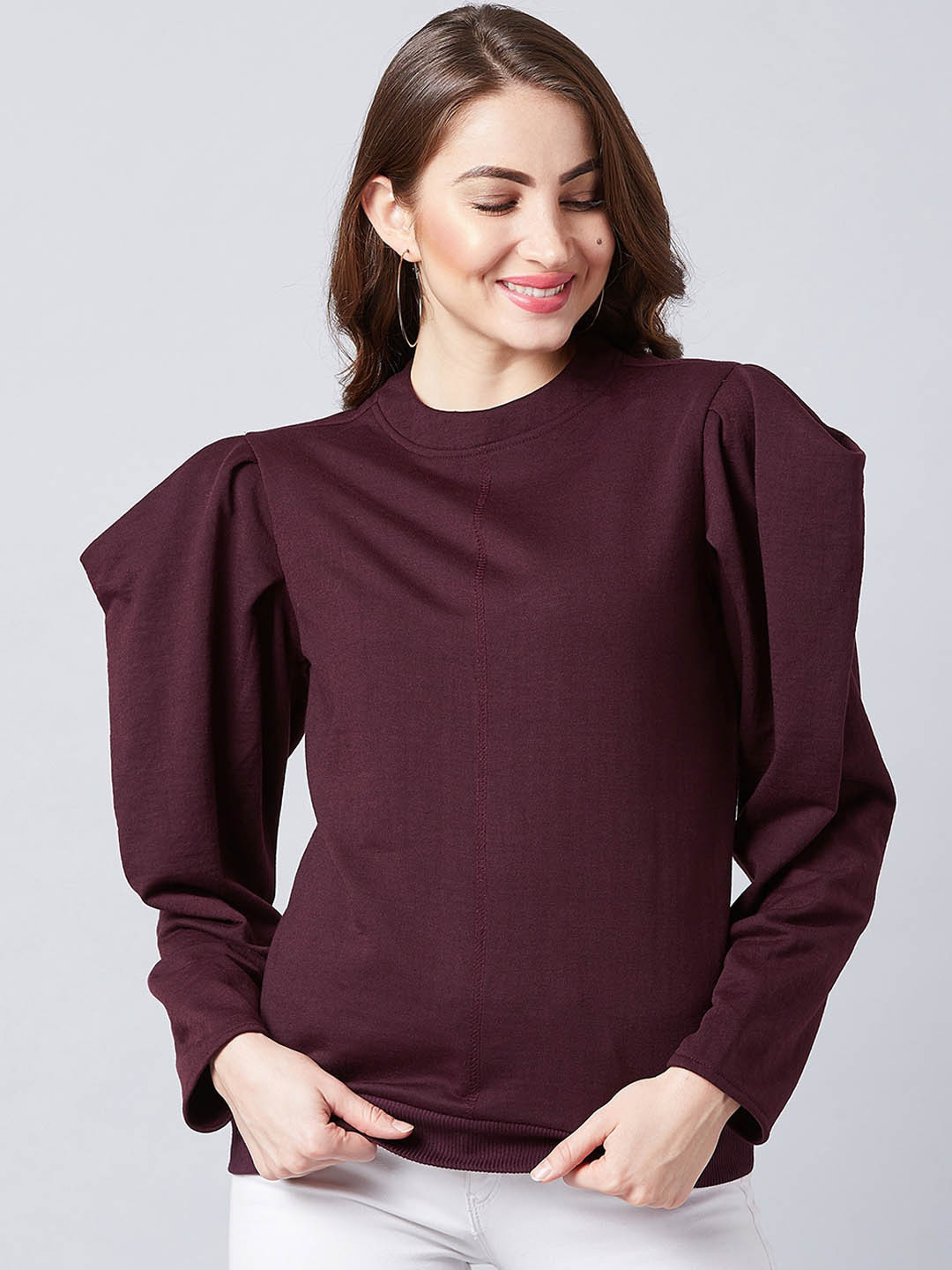 Athena Women Burgundy Solid Pullover Sweatshirt