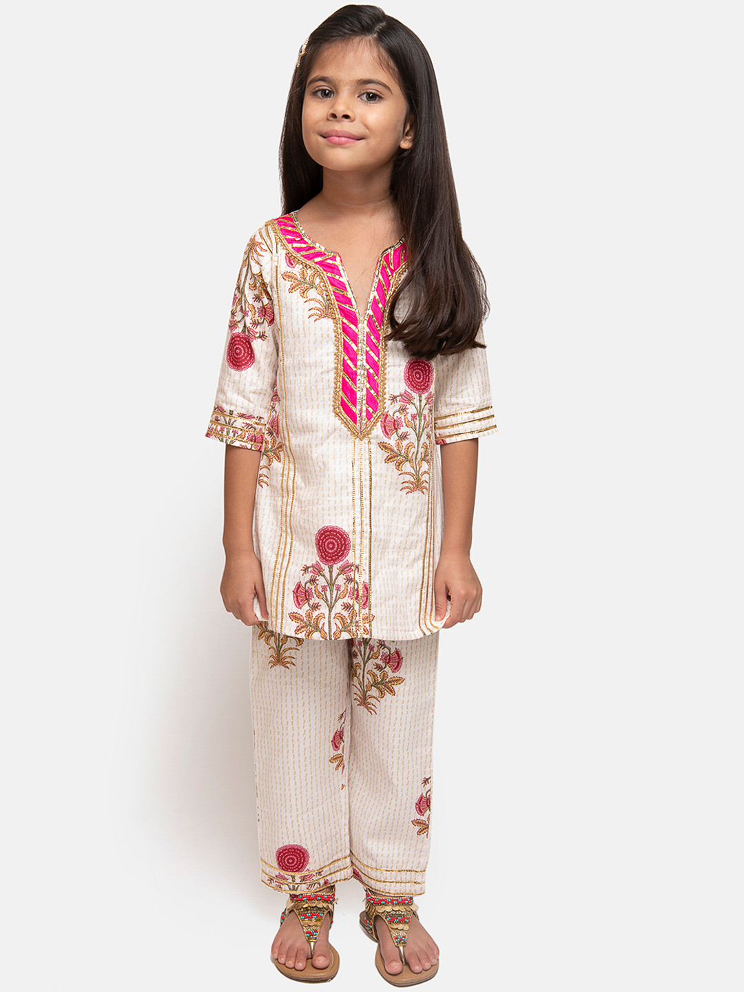 Fairies Forever Girls Off-White & Pink Printed Kurta with Trousers
