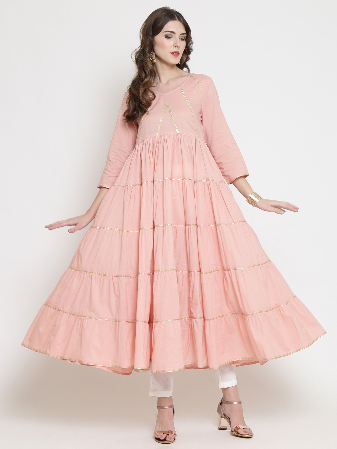 Sera Women Peach-Coloured & White Solid Kurta with Palazzos