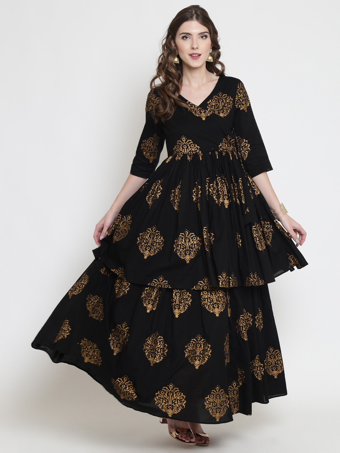 Sera Women Black & Gold-Toned Printed Anarkali Kurta