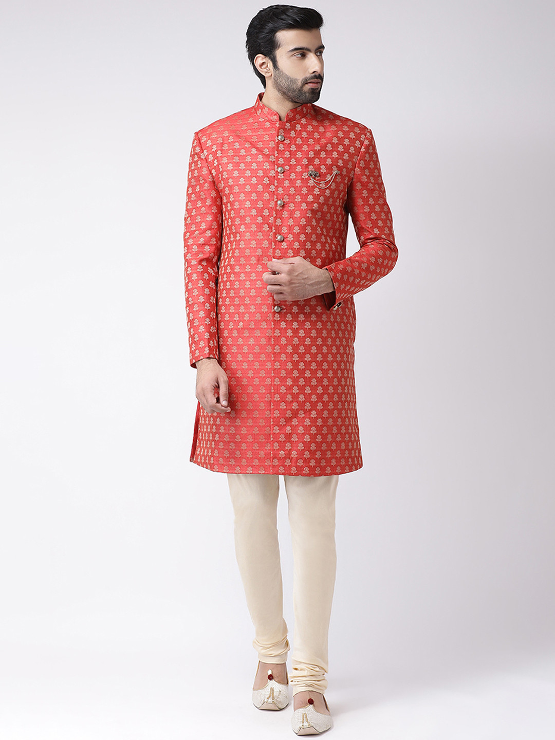 KISAH Men Red & Beige Woven Design Indowestern Sherwani Set