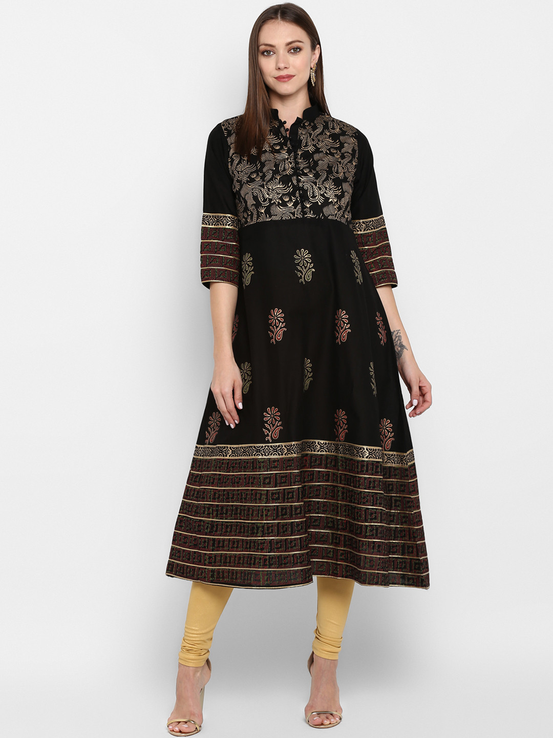 ZOEYAMS Women Black & Gold-Coloured Block Print A-Line Kurta