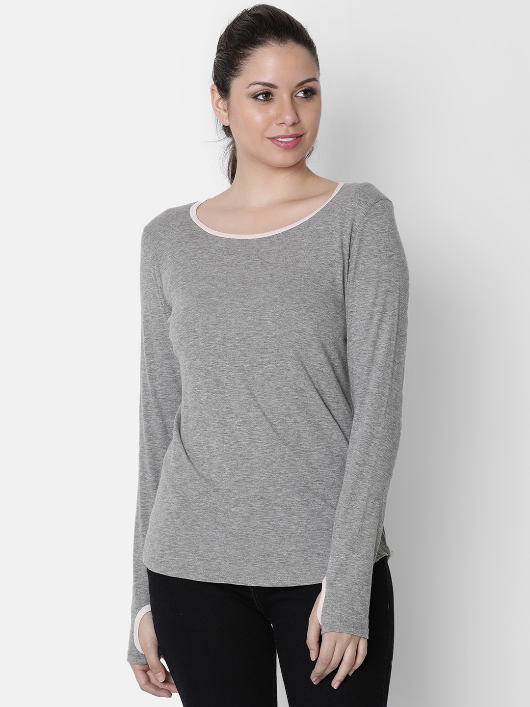 Rute Women Grey Solid Boat Neck Pure Cotton T-shirt