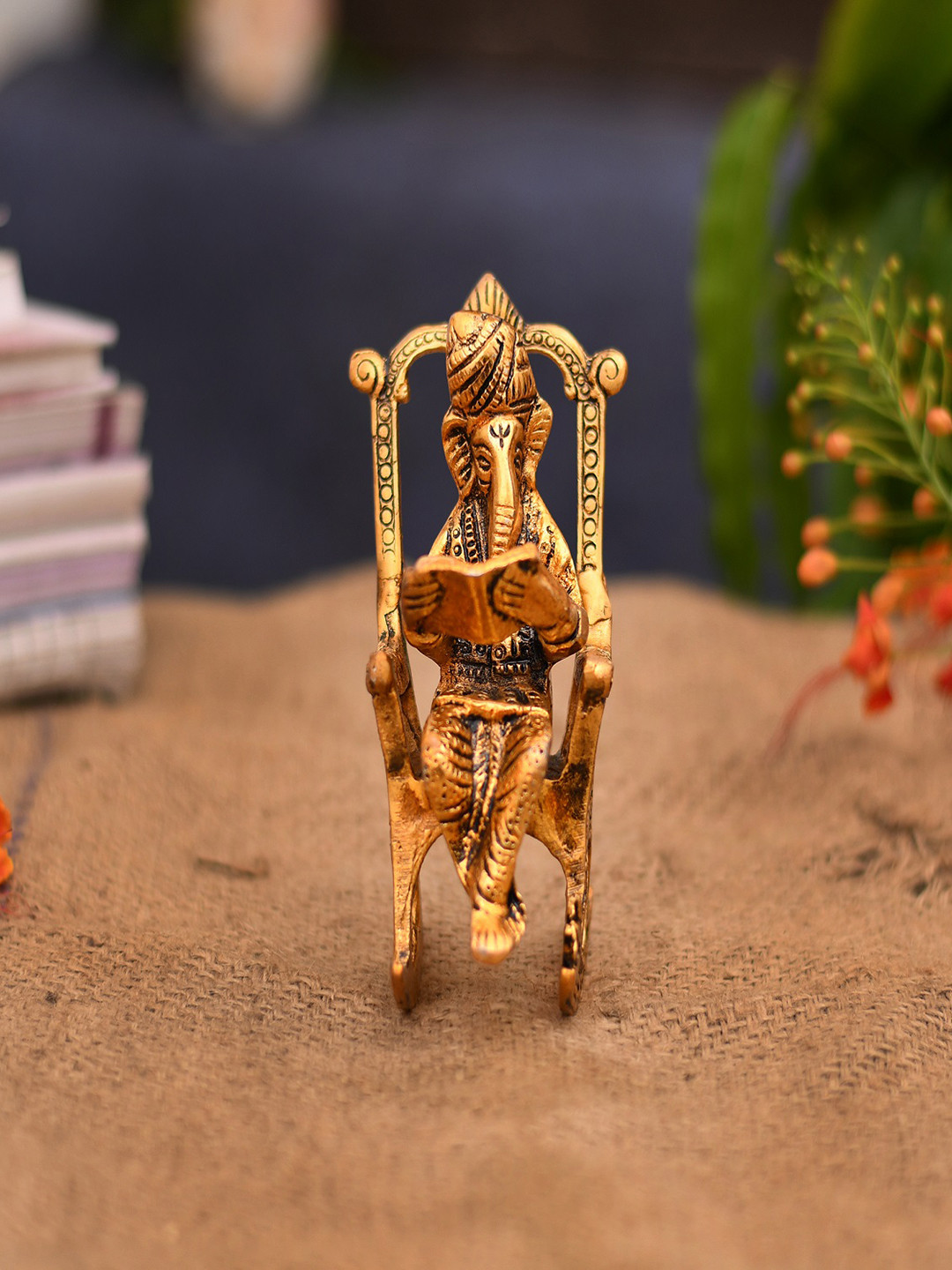 CraftVatika Ganesha Reading Ramayana Gold Metal Metallic Prayer Room Small Showpiece - 5.5 Inches